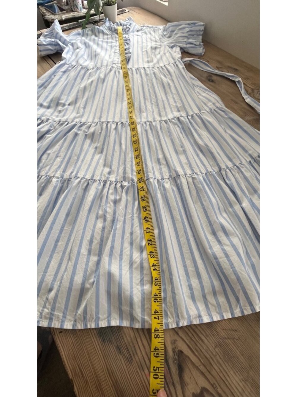 Crown & Ivy Maxi Dress Womens L Blue Stripe Ruffle Stand Collar Tiered Coastal - Picture 7 of 7